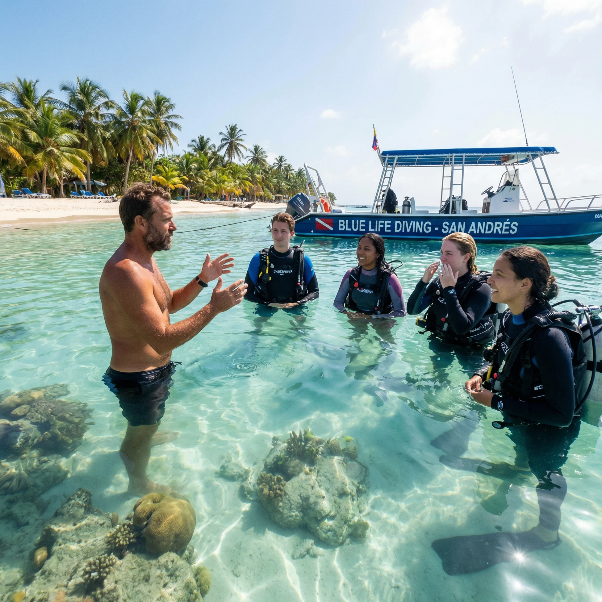 Instructor de buceo con principiantes en San Andrés