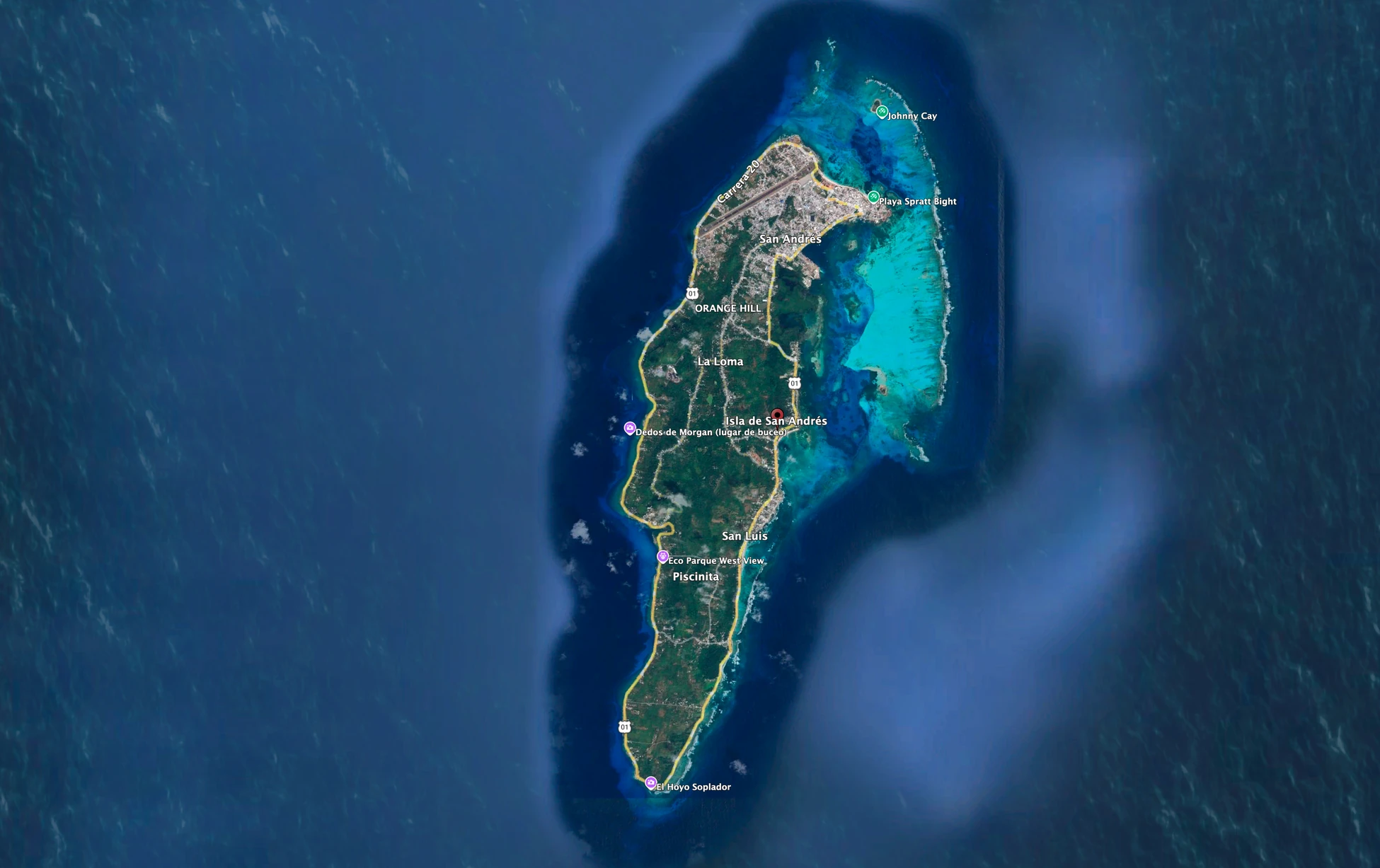 Mapa de San Andres islas con zonas para alojarse