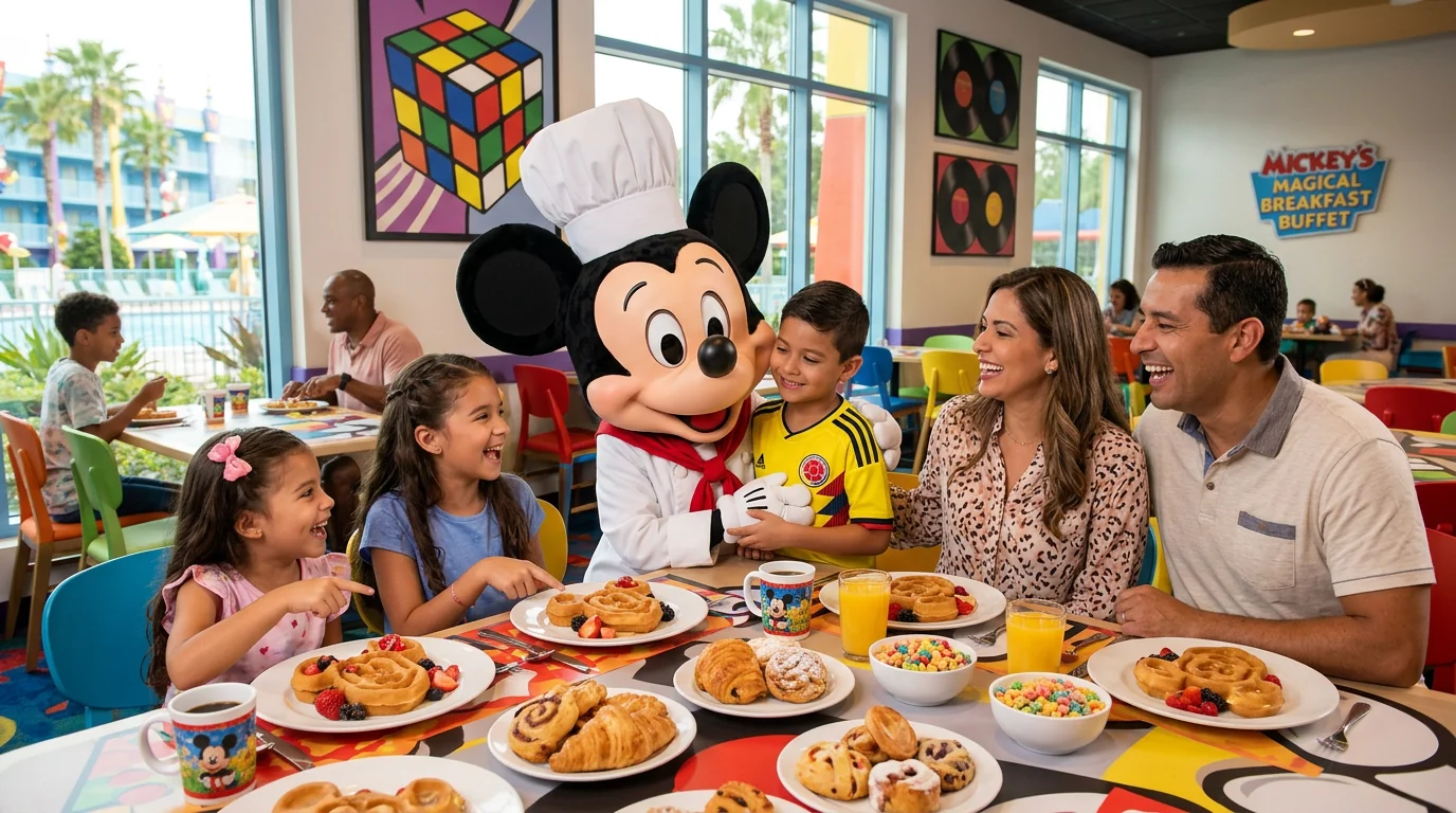 Niños felices desayunando con Mickey en hotel Disney